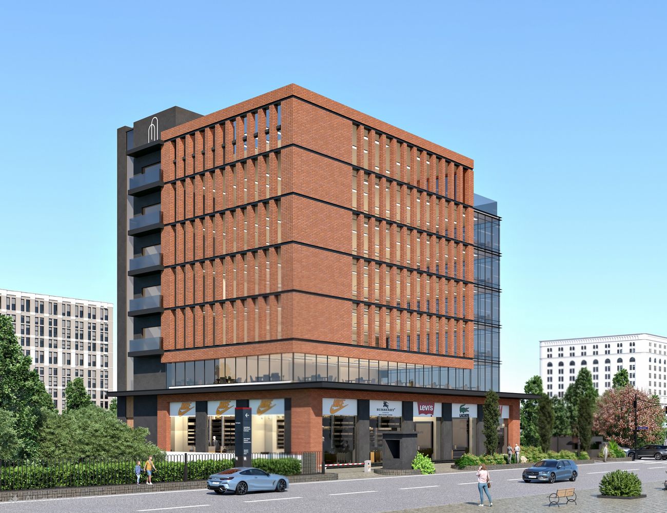 Singh Square commercial office building seen from Phase 8B, Mohali: brick-clad office floors above a glazed first floor, balconies on the charcoal service tower, and retail frontage at street level.